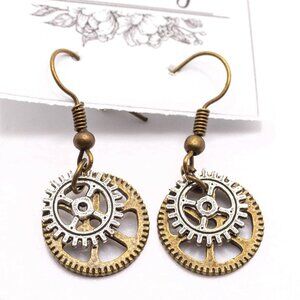 Handmade Two Toned Metal Steampunk Small Gears Earrings, New